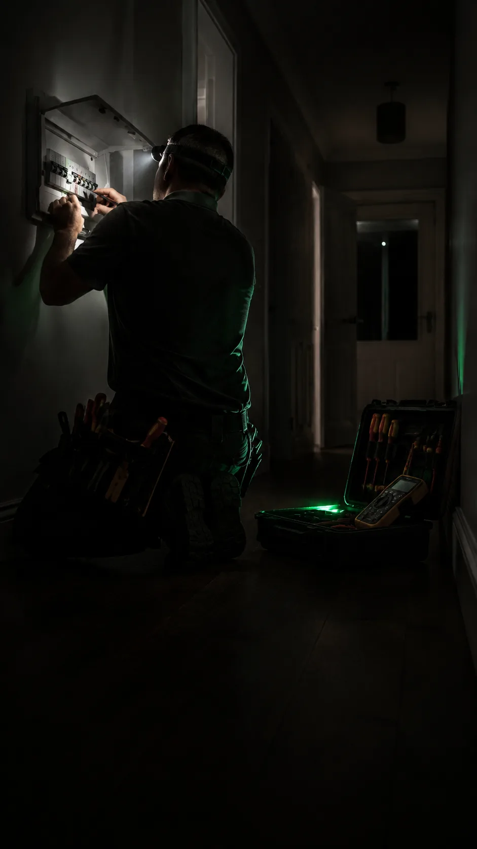 R&R Electrical attending an out-of-hours call-out and working on a consumer unit by torchlight
