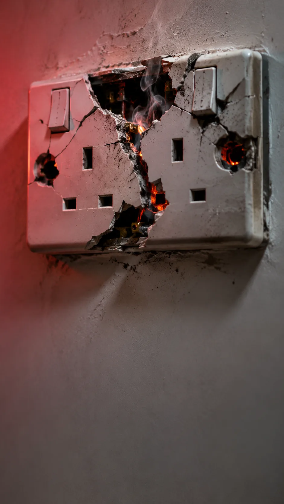 Burnt and cracked double socket with exposed contacts, a dangerous fault that needs urgent attention